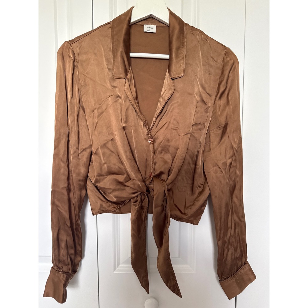 Wilfred Aritzia Tie Front Cupro Blouse Brown Copper Cropped Long Sleeve Top S